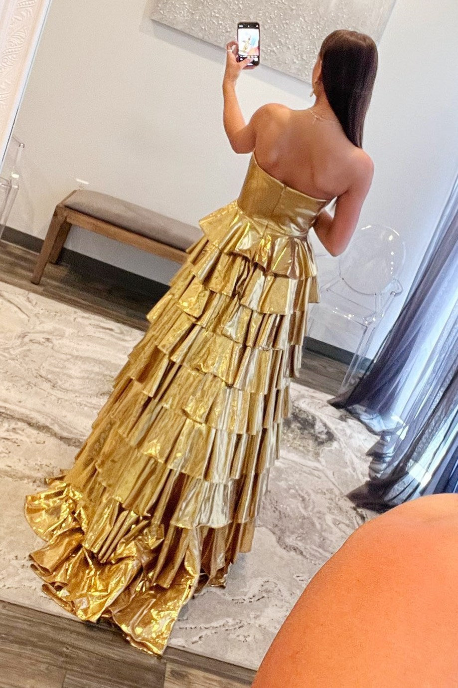 Metallic Gold Strapless Ruffle Tiered Prom Dress Metallic Gold Strapless Ruffle Tiered Prom Dress