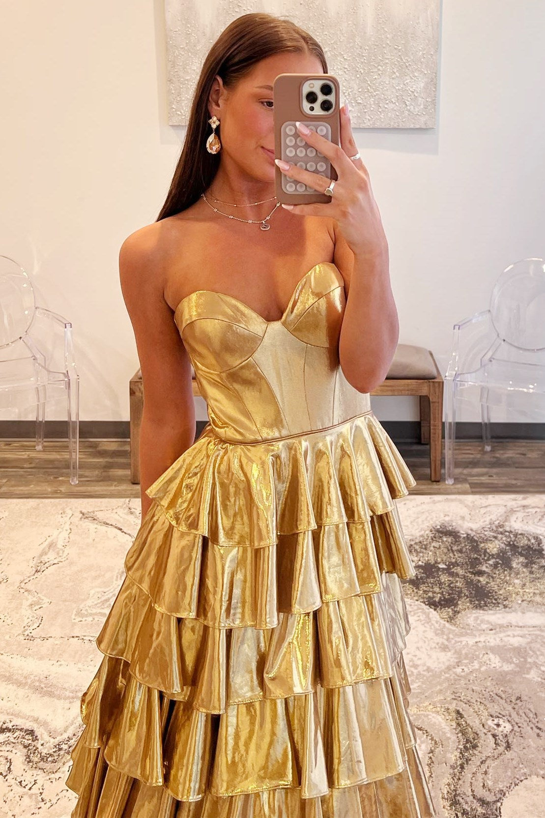 Metallic Gold Strapless Ruffle Tiered Prom Dress Metallic Gold Strapless Ruffle Tiered Prom Dress