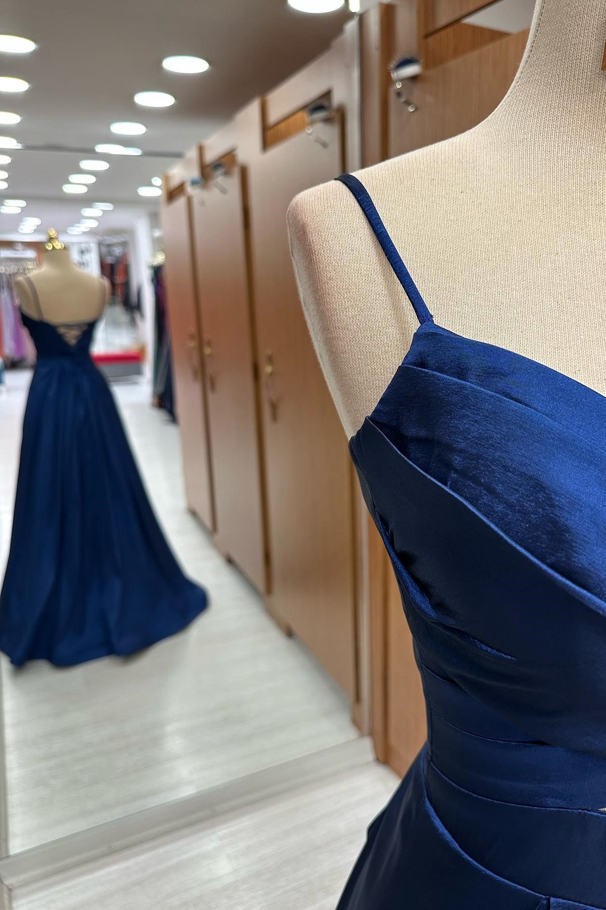 Navy Blue Surplice Cutout Lace-Up Maxi Graduation Formal Dress - DollyGown