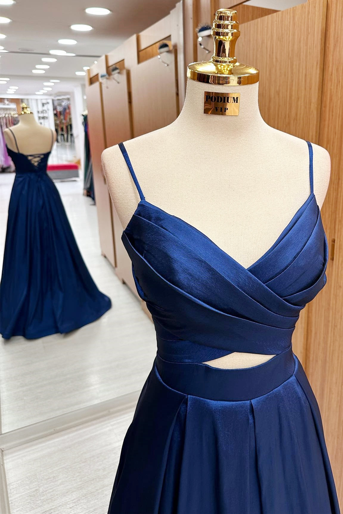 Navy Blue Surplice Cutout Lace-Up Maxi Graduation Formal Dress - DollyGown