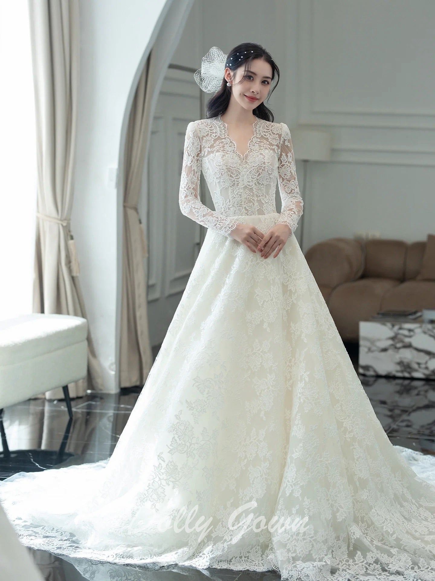 Modest Long Sleeve V-Neck A-line Lace Wedding Dress