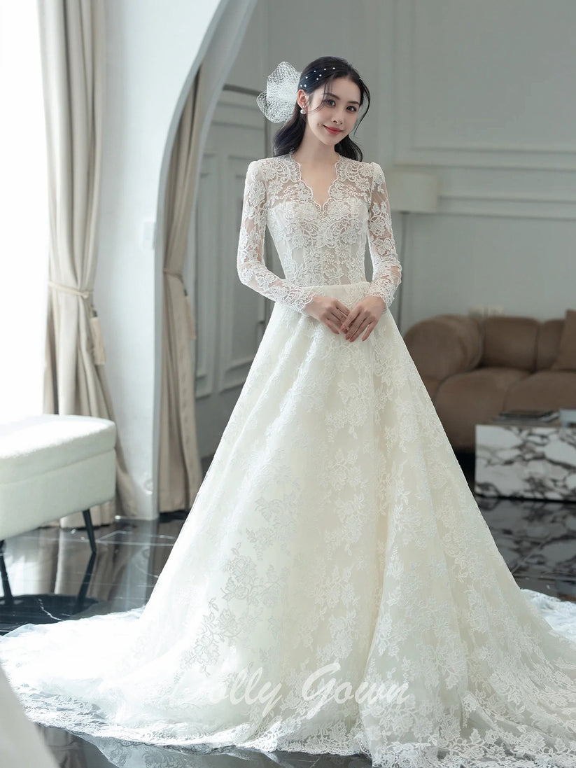 Modest High Collar Long Sleeves A-Line Lace Wedding Dresses with Chapel Train