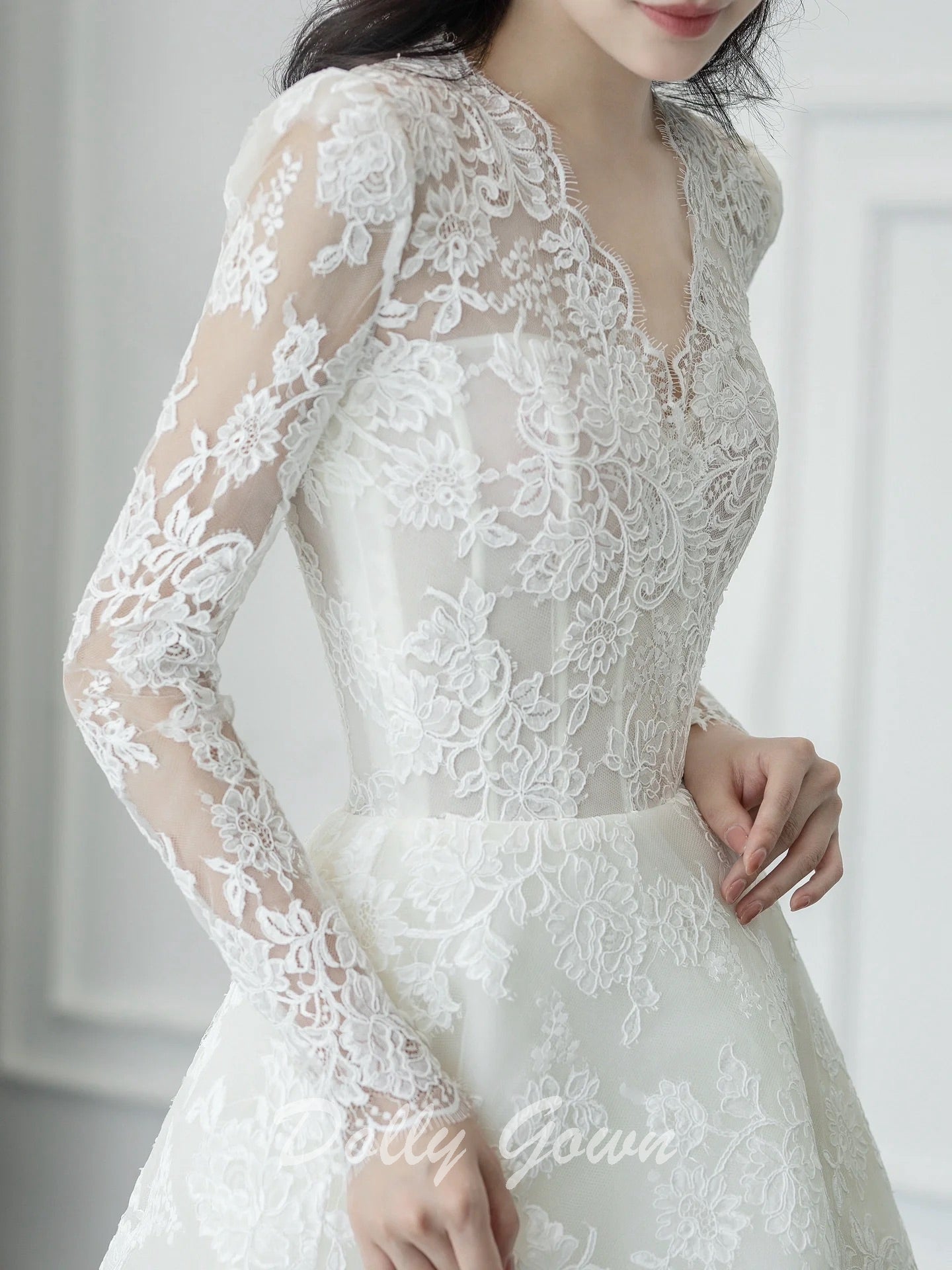 Modest Long Sleeve V-Neck A-line Lace Wedding Dress - DollyGown