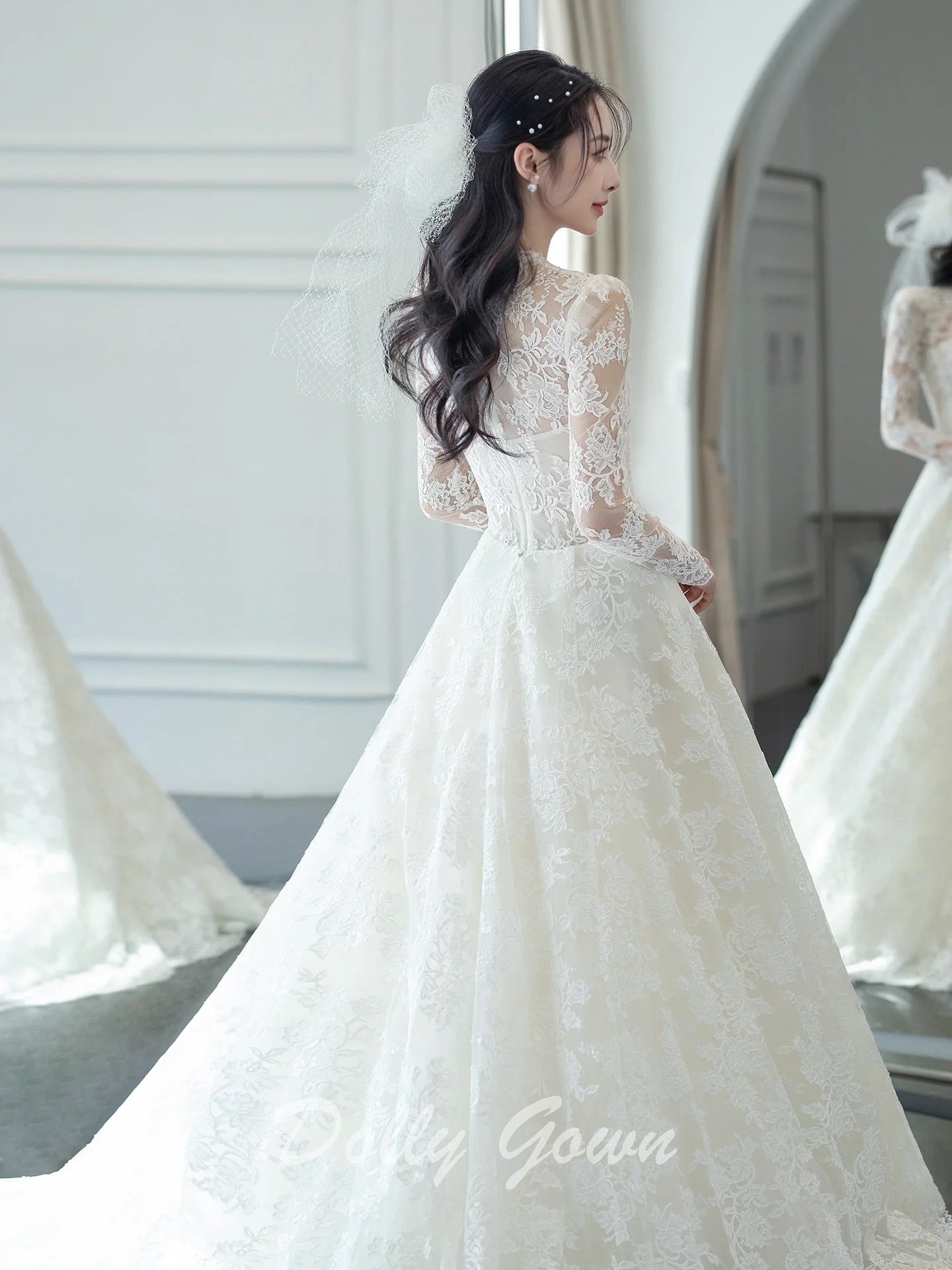 Modest Long Sleeve V-Neck A-line Lace Wedding Dress - DollyGown