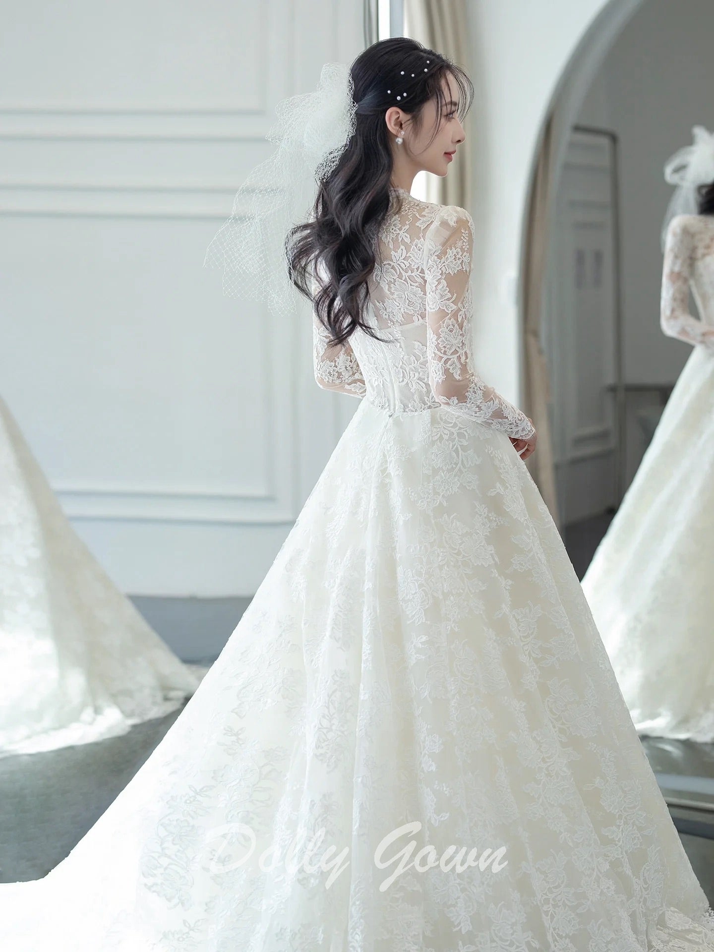 Modest Long Sleeve V-Neck A-line Lace Wedding Dress - DollyGown