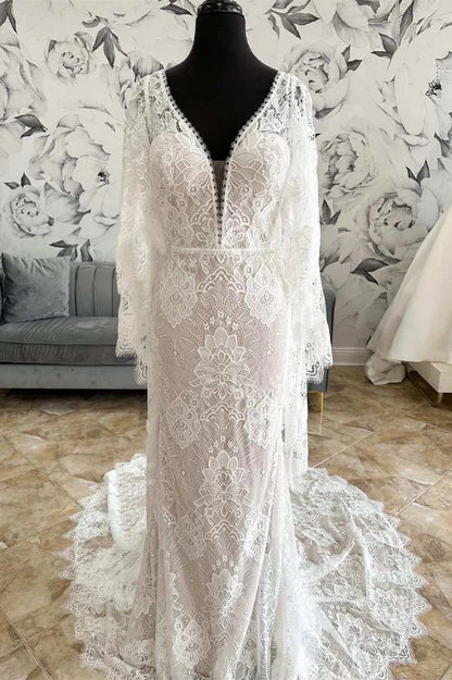 Modest Long Sleeves Lace Sheath Wedding Dress - DollyGown