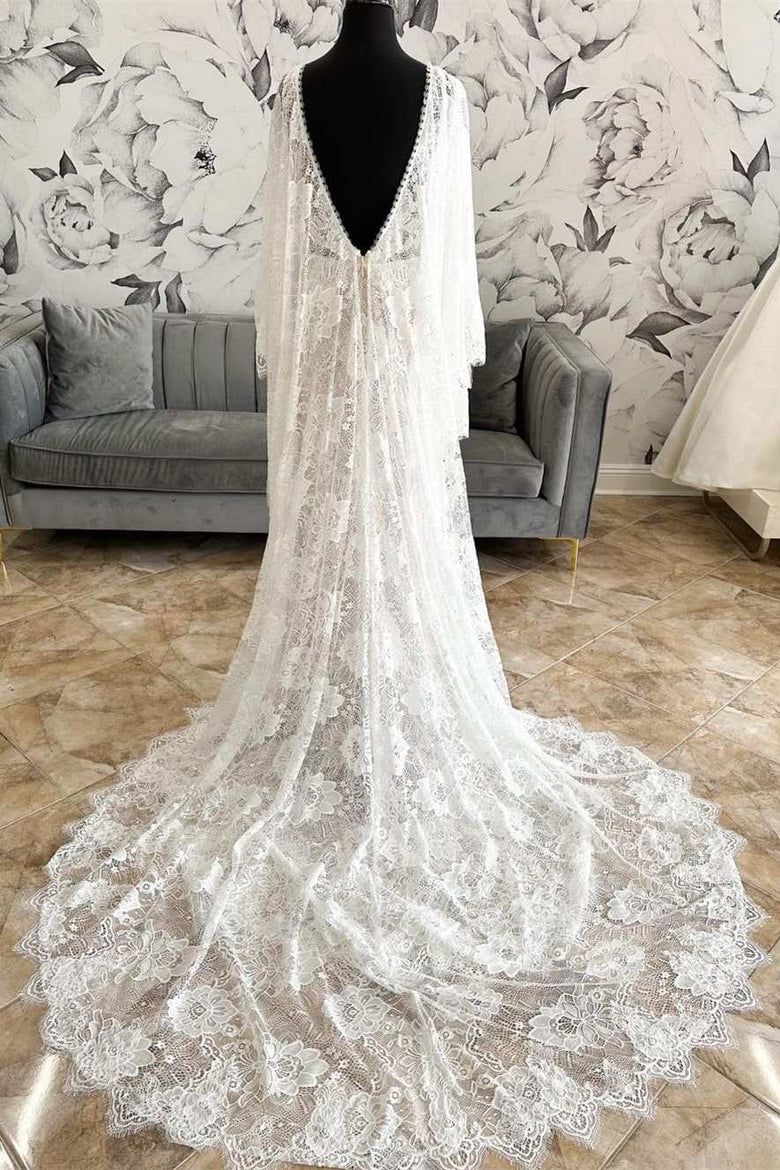 Modest Long Sleeves Lace Sheath Wedding Dress - DollyGown
