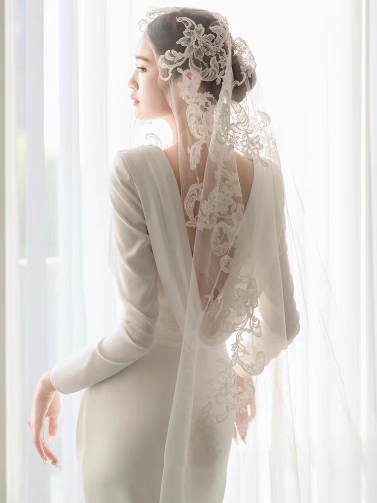 silk wedding dress with veil Silk wedding veil with lace edges - French lace trimmed Silk tulle train veil