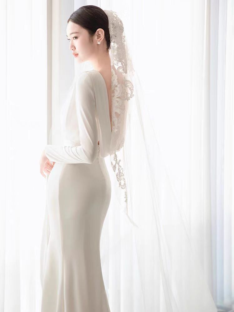simple silk wedding dress with sleeves Elegant Soft Satin Wedding Dress with Long Sleeves,Simple Wedding Dress,WD00621, US12 / Ivory