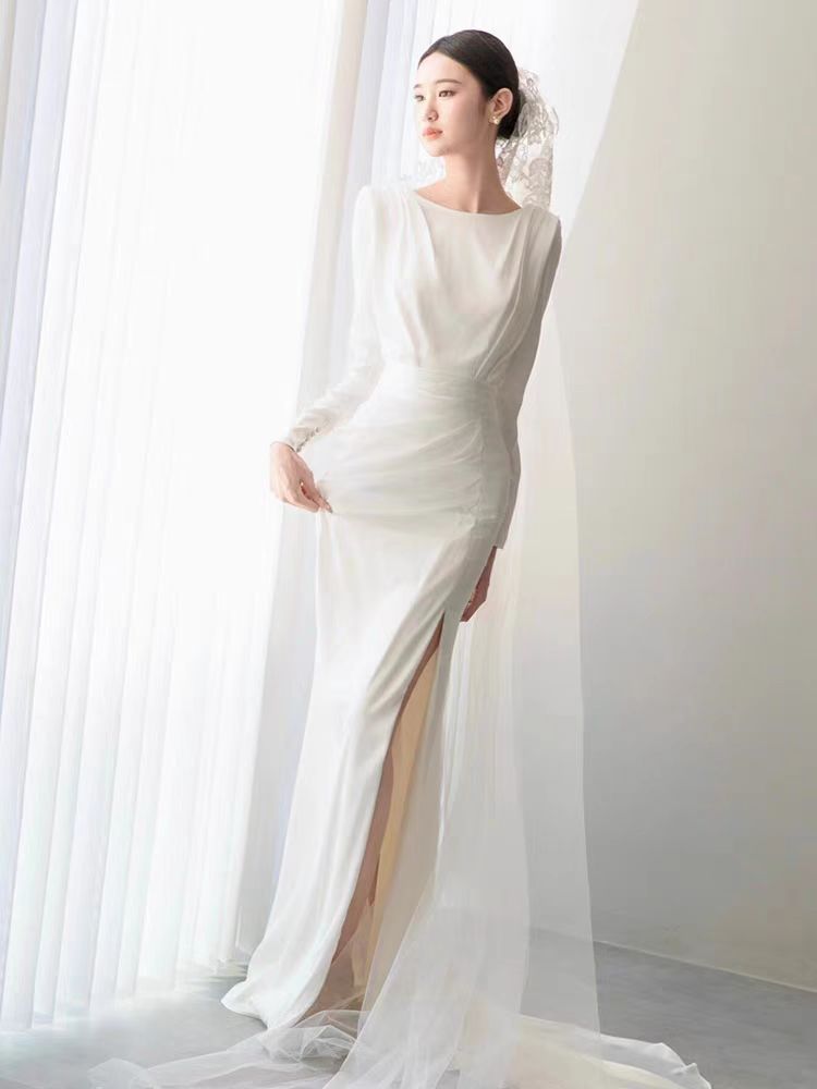 Modest Simple Long Sleeves Silk Wedding Dress with Side Slit