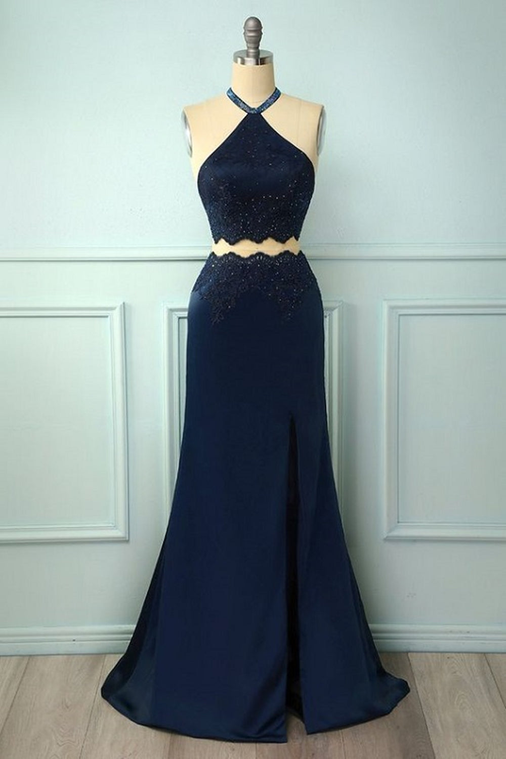Navy Blue Halter Two Piece Long Fitted Prom Dress with Slit - DollyGown
