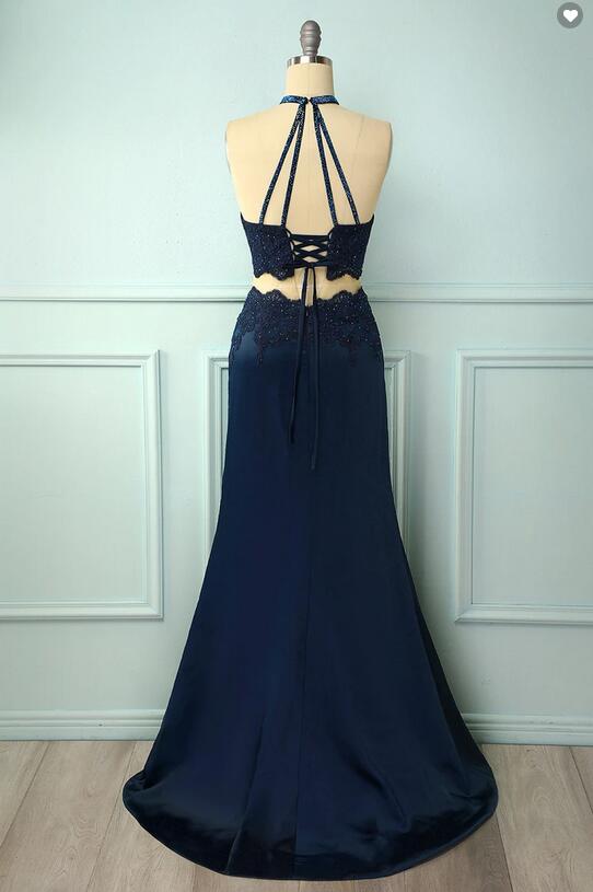 Navy Blue Halter Two Piece Long Fitted Prom Dress with Slit - DollyGown