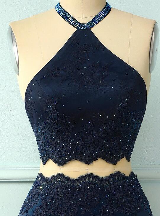 Navy Blue Halter Two Piece Long Fitted Prom Dress with Slit Navy Blue Halter Two Piece Long Fitted Prom Dress with Slit