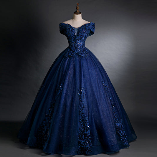 Navy Blue Off the Shoulder Puffy Quinceanera Dress Trimmed with Lace Appliques - DollyGown