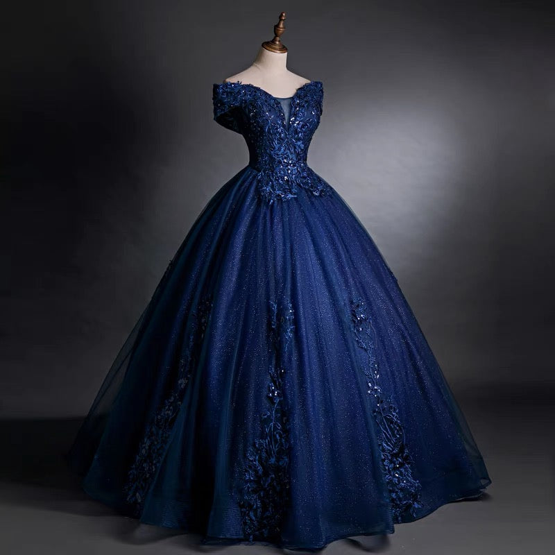 Navy Blue Off the Shoulder Puffy Quinceanera Dress Trimmed with Lace Appliques Navy Blue Off the Shoulder Puffy Quinceanera Dress Trimmed with Lace Appliques