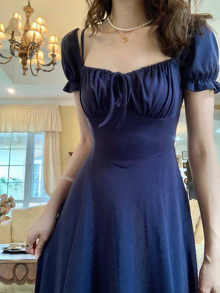 Navy Blue Square Neck Summer Dress with Short Sleeves