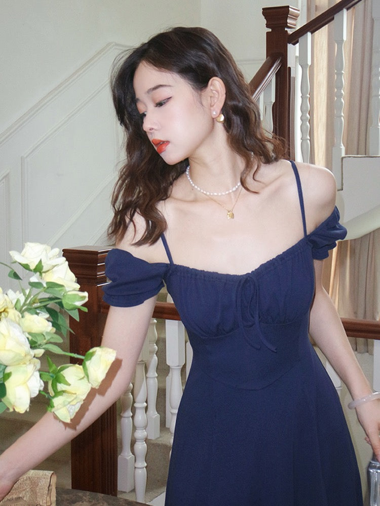 Navy Blue Square Neck Summer Dress with Short Sleeves Navy Blue Square Neck Summer Dress with Short Sleeves