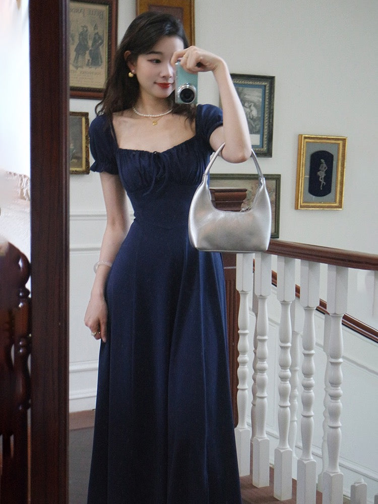 Navy Blue Square Neck Summer Dress with Short Sleeves - DollyGown