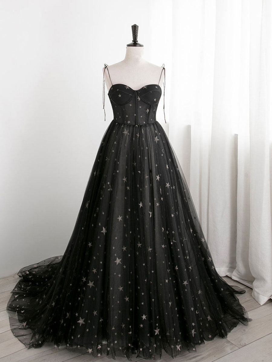Black A-Line Sweetheart Neck Tulle Long Prom Evening Dress