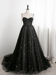 Black A-Line Sweetheart Neck Tulle Long Prom Evening Dress