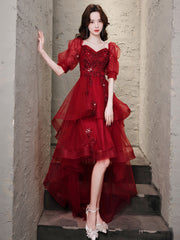 Elegant Burgundy High-Low Tulle Lace Prom Dress with Built-In Bra