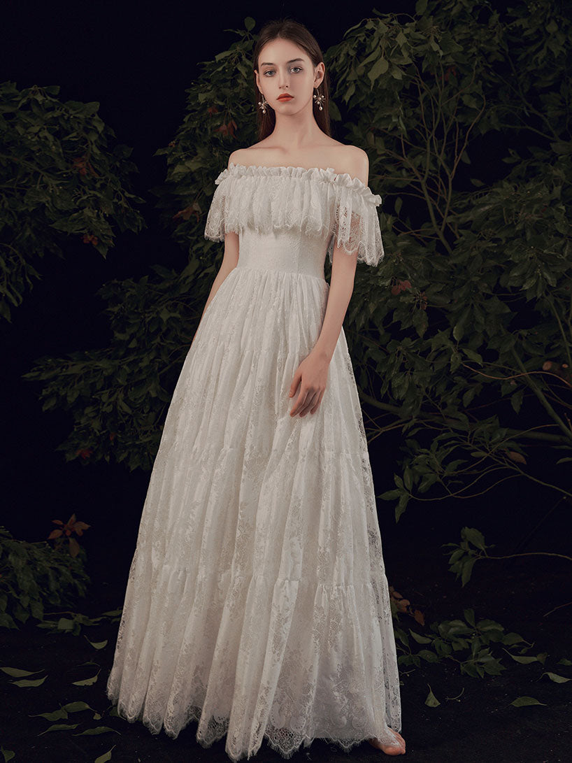 Elegant Ivory Lace Floor-Length Prom Dress with Off-The-Shoulder Silhouette A-Line Built-In Bra