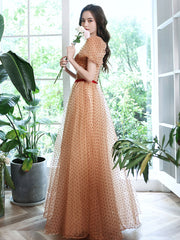 Elegant A-Line Sweetheart Neck Tulle Champagne Prom Dress for Evening Events