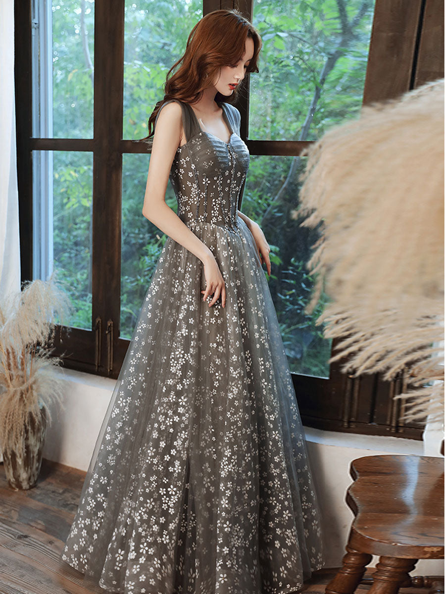 Elegant Gray A-Line Tulle Beaded Floor-Length Prom Dress with Lace-Up Back