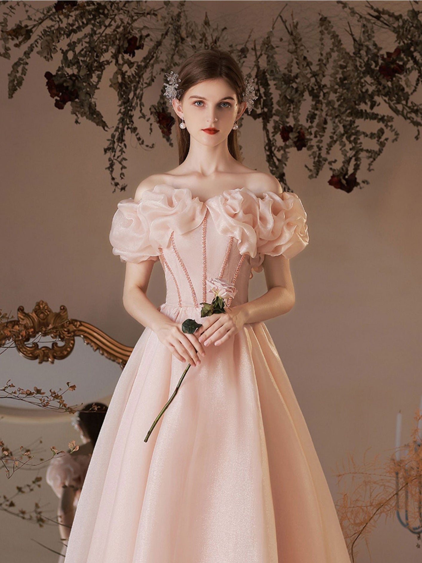 Elegant Pink Tulle Off-Shoulder Tea-Length Prom Dress with Lace Up Back