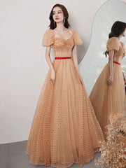 Elegant A-Line Sweetheart Tulle Prom Dress in Champagne Sparkle Floor-Length