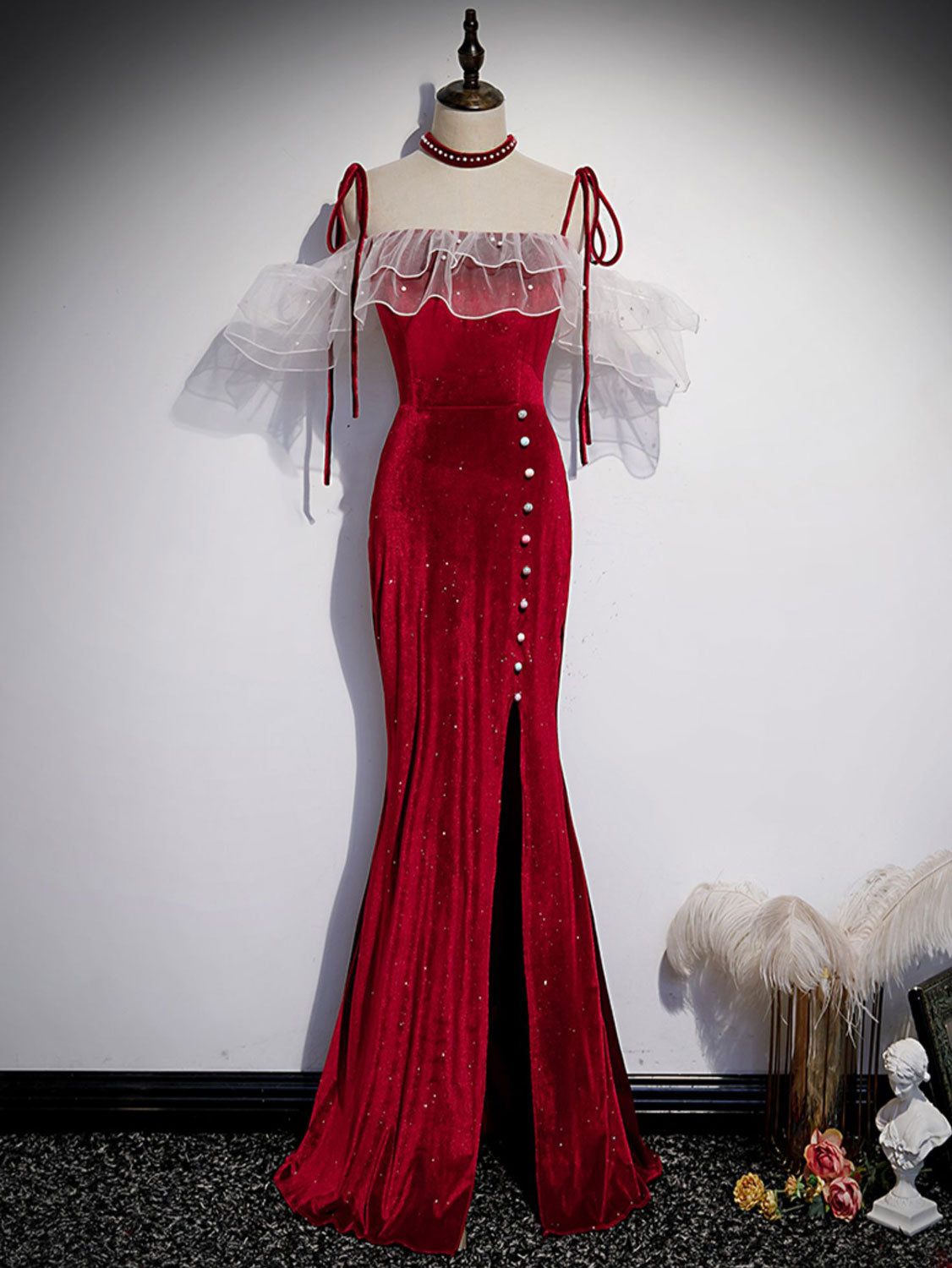 Burgundy Mermaid Long Prom Dress Velvet Formal Gown for Women