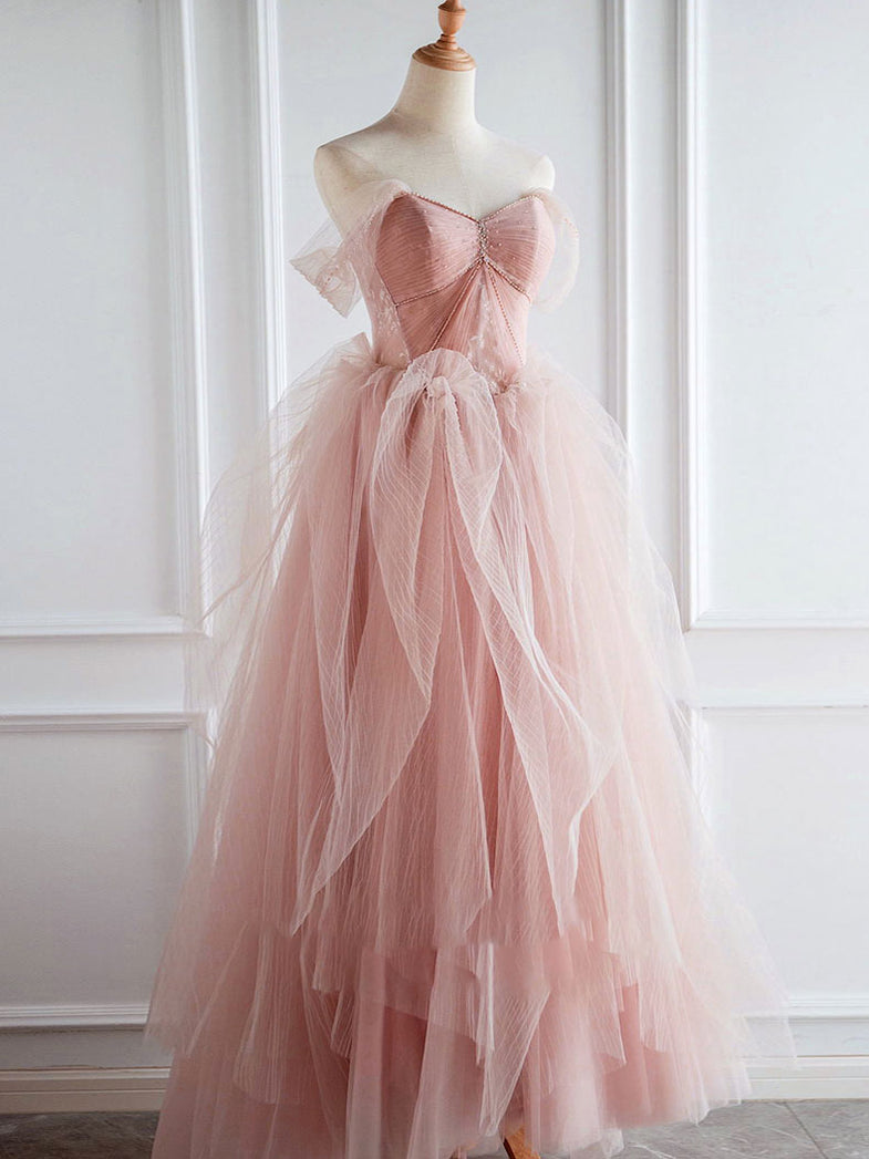 strapless open back dress Navy Blue Tulle Lace A-line V-neck Prom Dresses, Long Formal Dresses, MP642