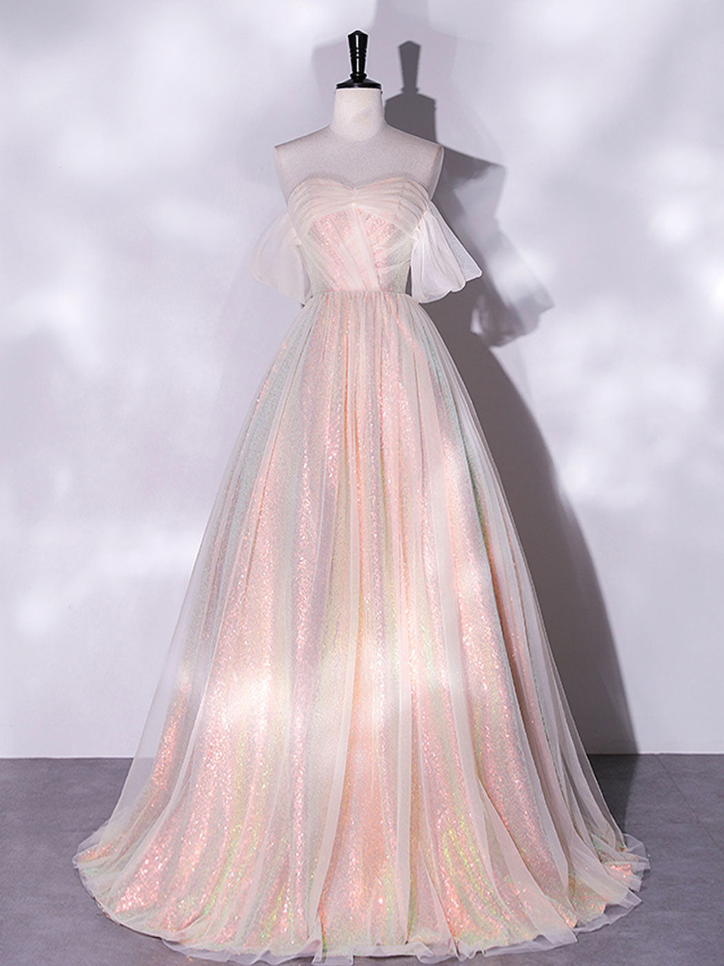 Pink Off Shoulder Tulle A-Line Prom Dresses For Women Formal