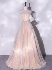 Pink Off Shoulder Tulle A-Line Prom Dresses For Women Formal