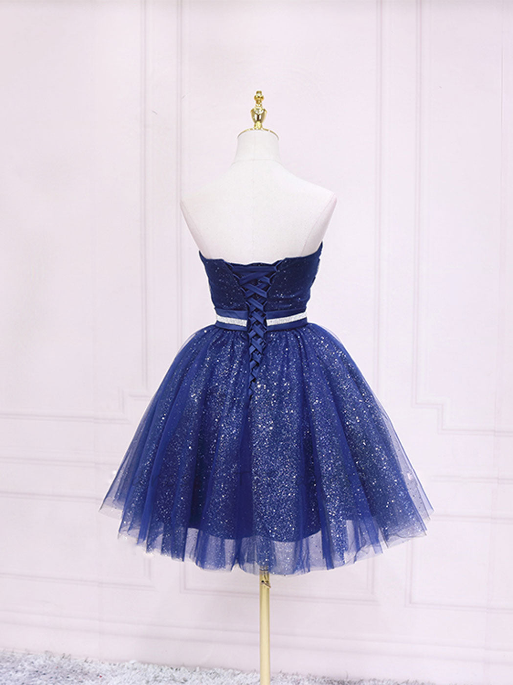 Elegant Dark Blue Sweetheart Neck Tulle Sequin Short Prom Homecoming Dress