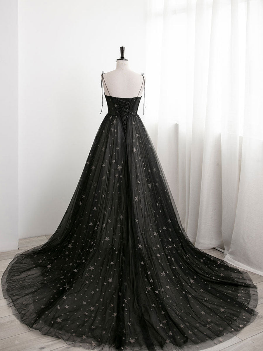 Black A-Line Sweetheart Neck Tulle Long Prom Evening Dress