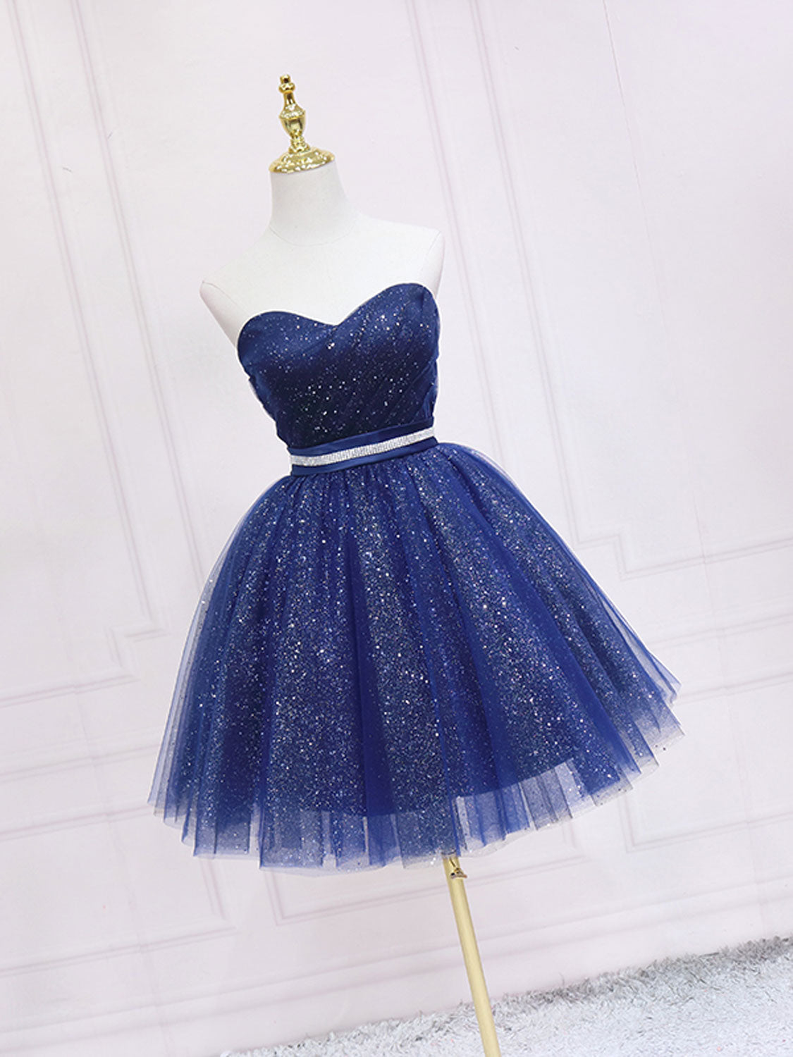 short sweetheart neckline prom dresses Sweetheart Neck Navy Blue Lace Homecoming Dresses Beaded Short Prom Dress ARD1588