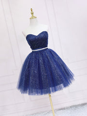 Elegant Dark Blue Sweetheart Neck Tulle Sequin Short Prom Homecoming Dress