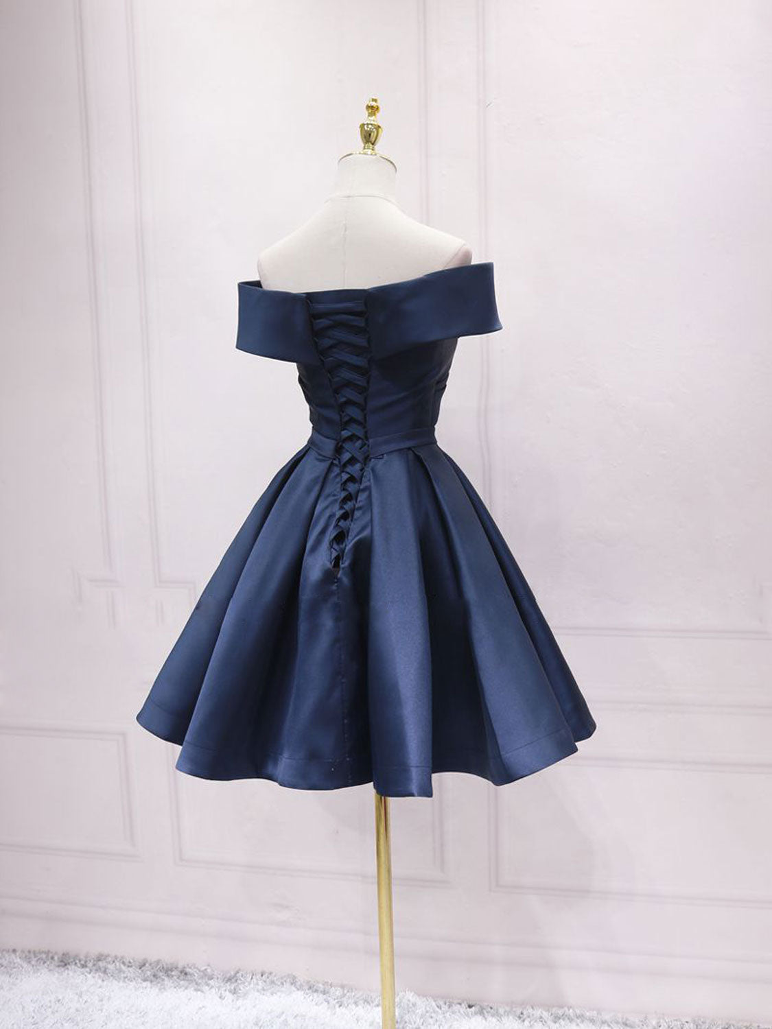 Simple Off Shoulder Satin Dark Blue Short Prom Dress Simple Off Shoulder Satin Dark Blue Short Prom Dress