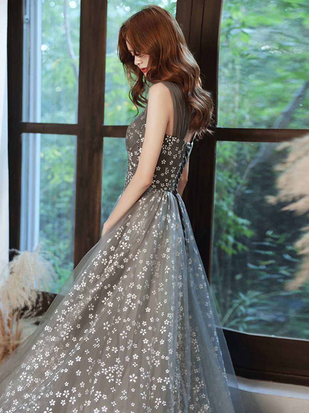 Elegant Gray A-Line Tulle Beaded Floor-Length Prom Dress with Lace-Up Back