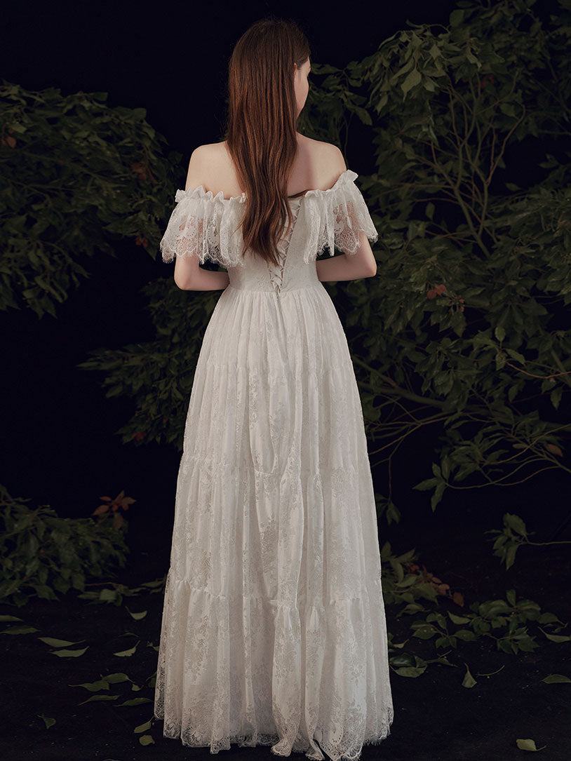 Elegant Ivory Lace Floor-Length Prom Dress with Off-The-Shoulder Silhouette A-Line Built-In Bra