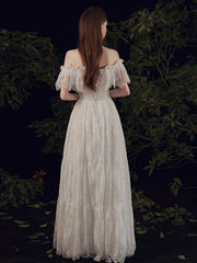Elegant Ivory Lace Floor-Length Prom Dress with Off-The-Shoulder Silhouette A-Line Built-In Bra