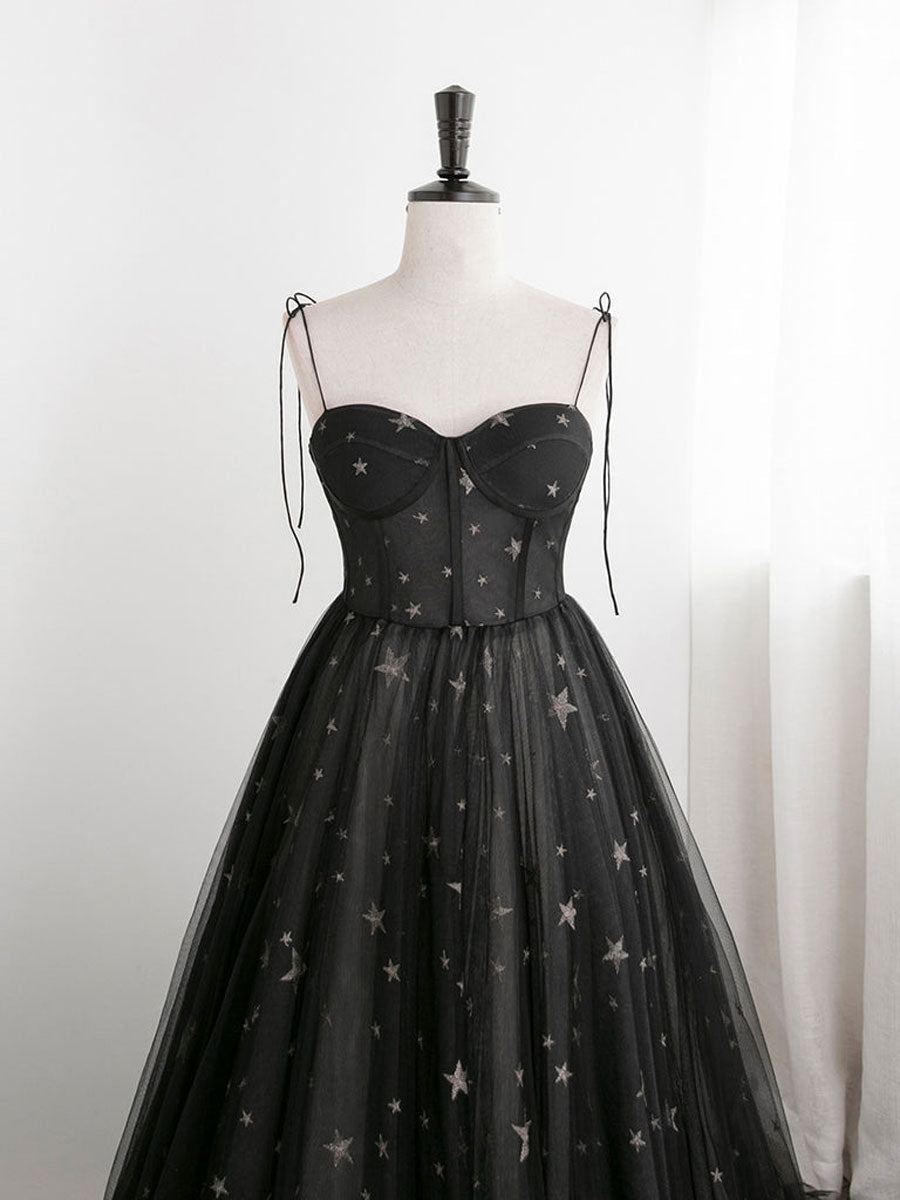 Black A-Line Sweetheart Neck Tulle Long Prom Evening Dress