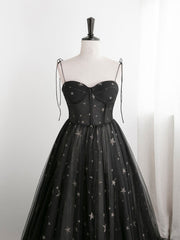 Black A-Line Sweetheart Neck Tulle Long Prom Evening Dress