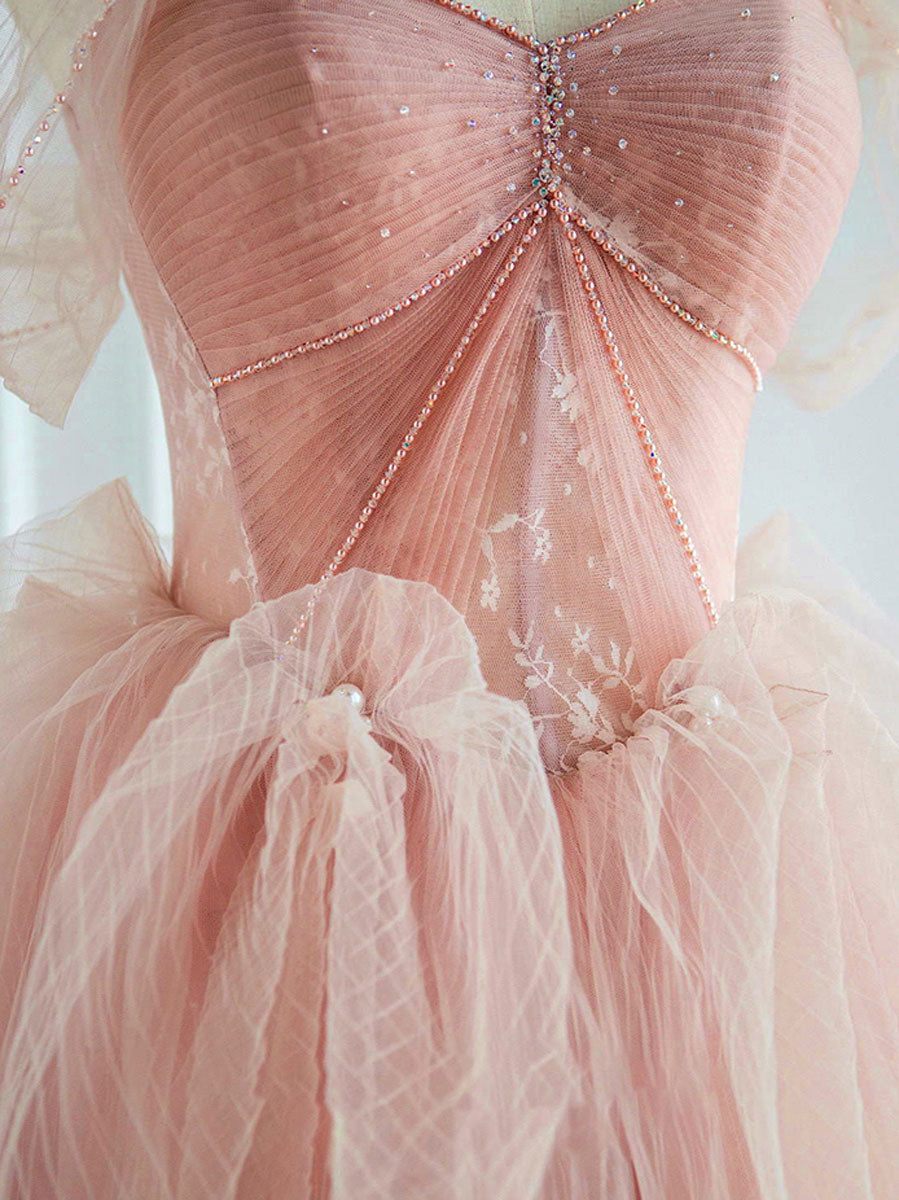 Pink Sweetheart Neck Tulle Long Prom Dress For Sweet 16