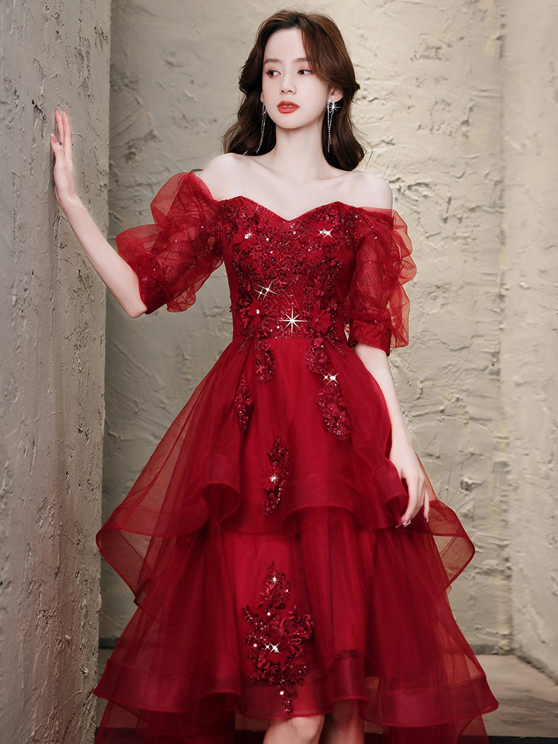 burgundy lace high low dress Elegant Burgundy High-Low Tulle Lace Prom Dress with Built-In Bra