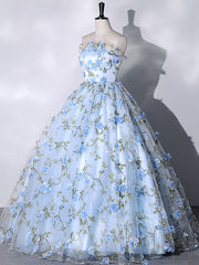 Elegant Blue Tulle Lace Long Prom Dresses for Sweet 16