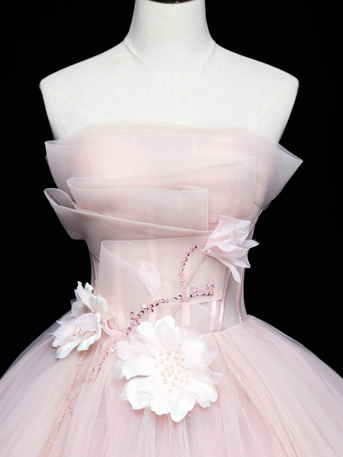 Pink Tulle Lace Applique Long Prom Dress Sweet Sixteen Pink Gown