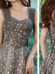 Elegant Gray A-Line Tulle Beaded Floor-Length Prom Dress with Lace-Up Back
