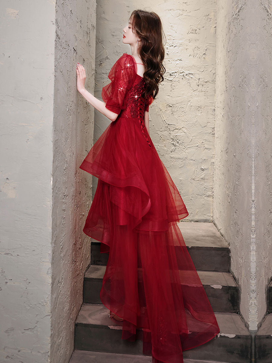Elegant Burgundy High-Low Tulle Lace Prom Dress with Built-In Bra